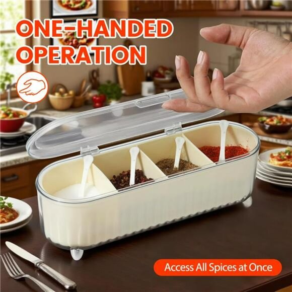 Clear spice organizer box with 4 compartments lids and spoons kitchen storage se - Picture 4 of 8